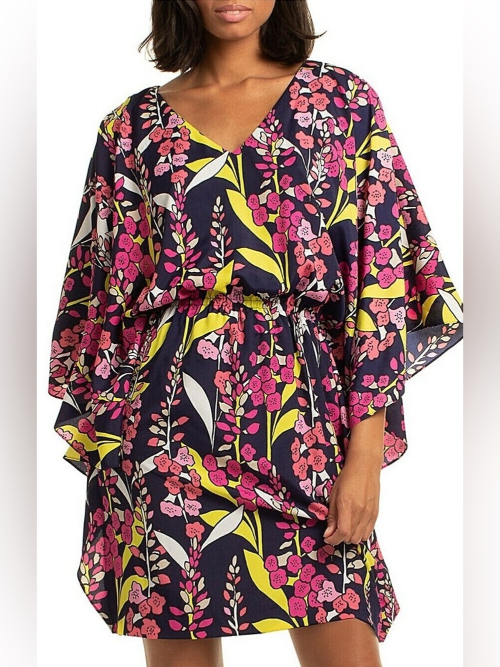 Trina Turk Floral Kaftan Mini Dress Medium Batwing Dolman Sleeve